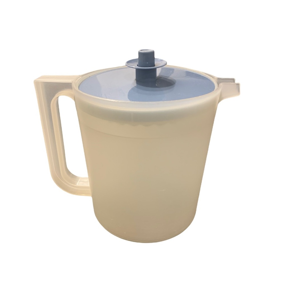 Vintage Tupperware Plastic Clear Juice Pitcher with Blue Push Button Lid
